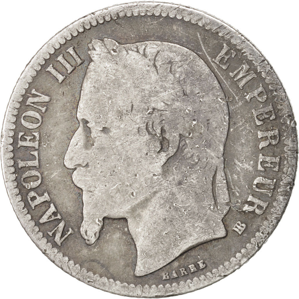 France, Napoleon III, Franc, 1866, Strasbourg, VG(8-10), Silver, KM:806.2