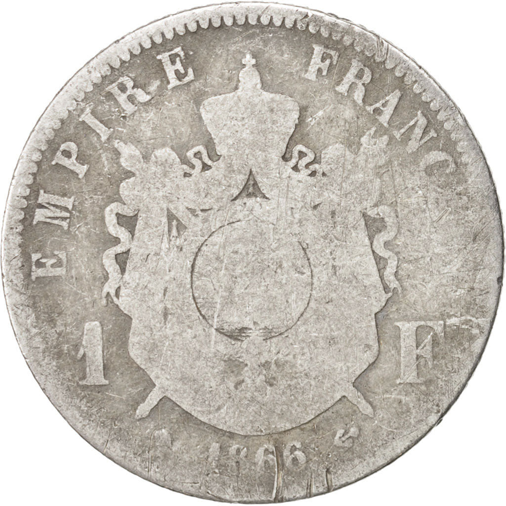 France, Napoleon III, Franc, 1866, Strasbourg, VG(8-10), Silver, KM:806.2