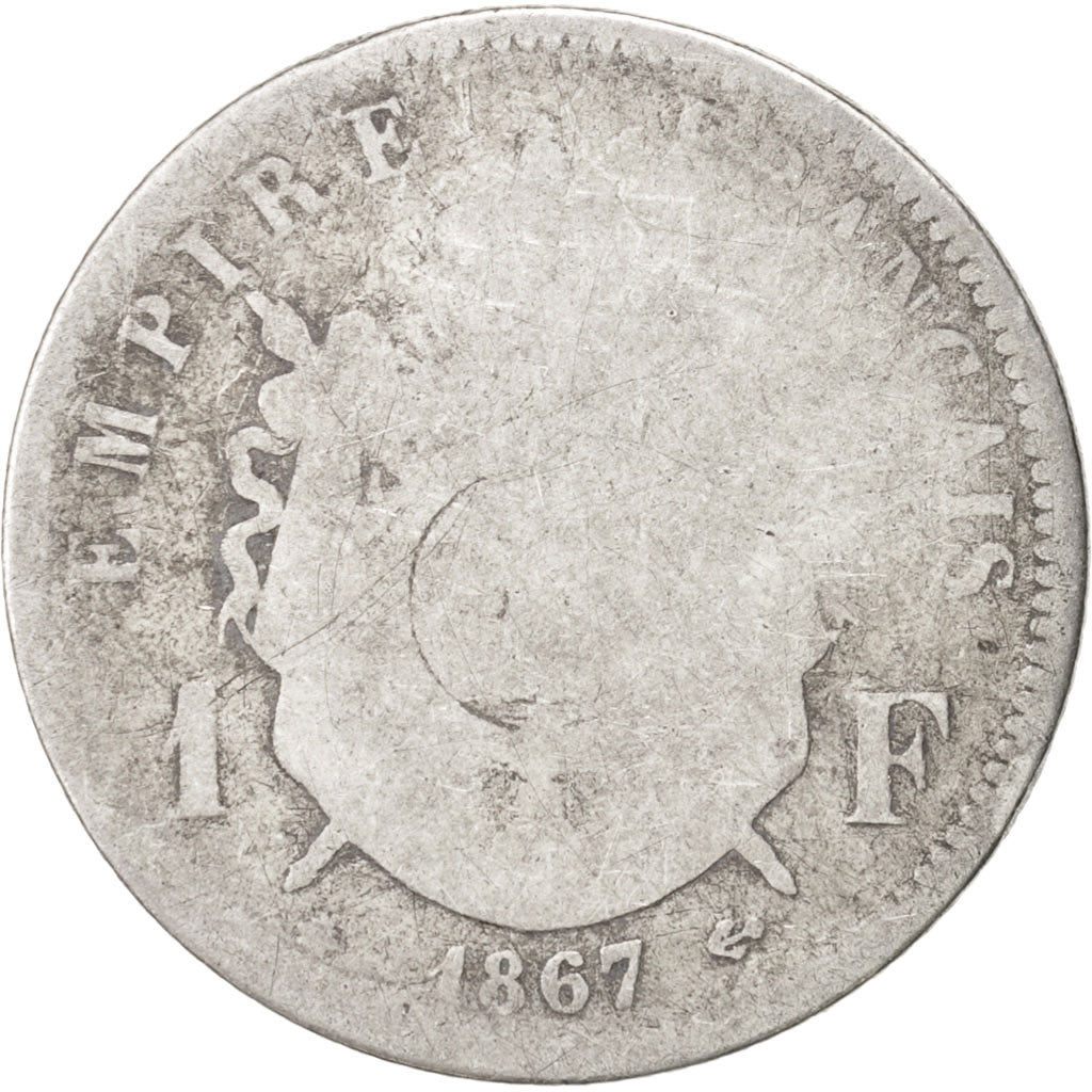 France, Napoleon III, Franc, 1867, Paris, VG(8-10), Silver, KM:806.1