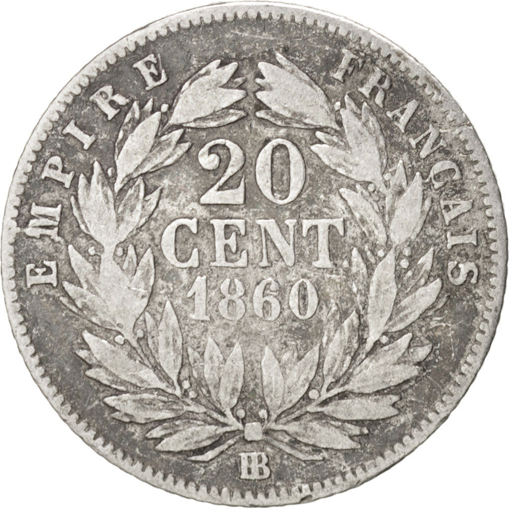 Frankreich, Napoleon III, 20 Centimes, 1860, Strasbourg, VF(20-25), KM:778.2