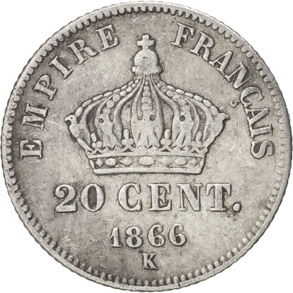 France, Napoleon III, 20 Centimes, 1866, Bordeaux, VF(30-35), Silver, KM:805.3