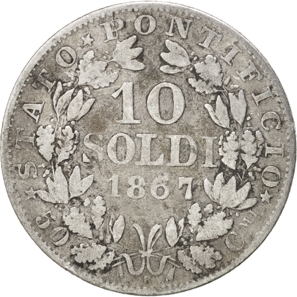 ITALIAN STATES, PAPAL STATES, Pius IX, 10 Soldi, 1867-XXI, VF(20-25), KM:1376