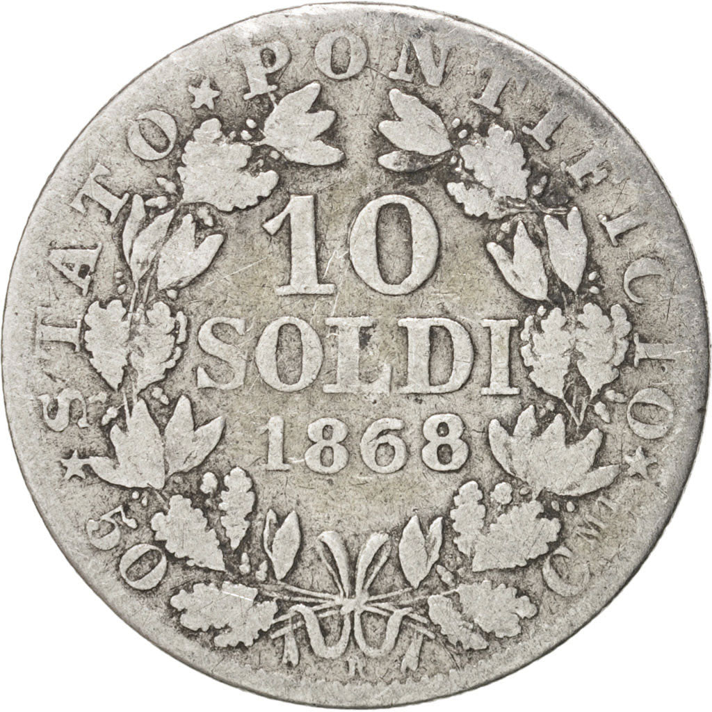 ITALIAN STATES, PAPAL STATES, Pius IX, 10 Soldi, 1868-XXIII, TB, KM:1386.2
