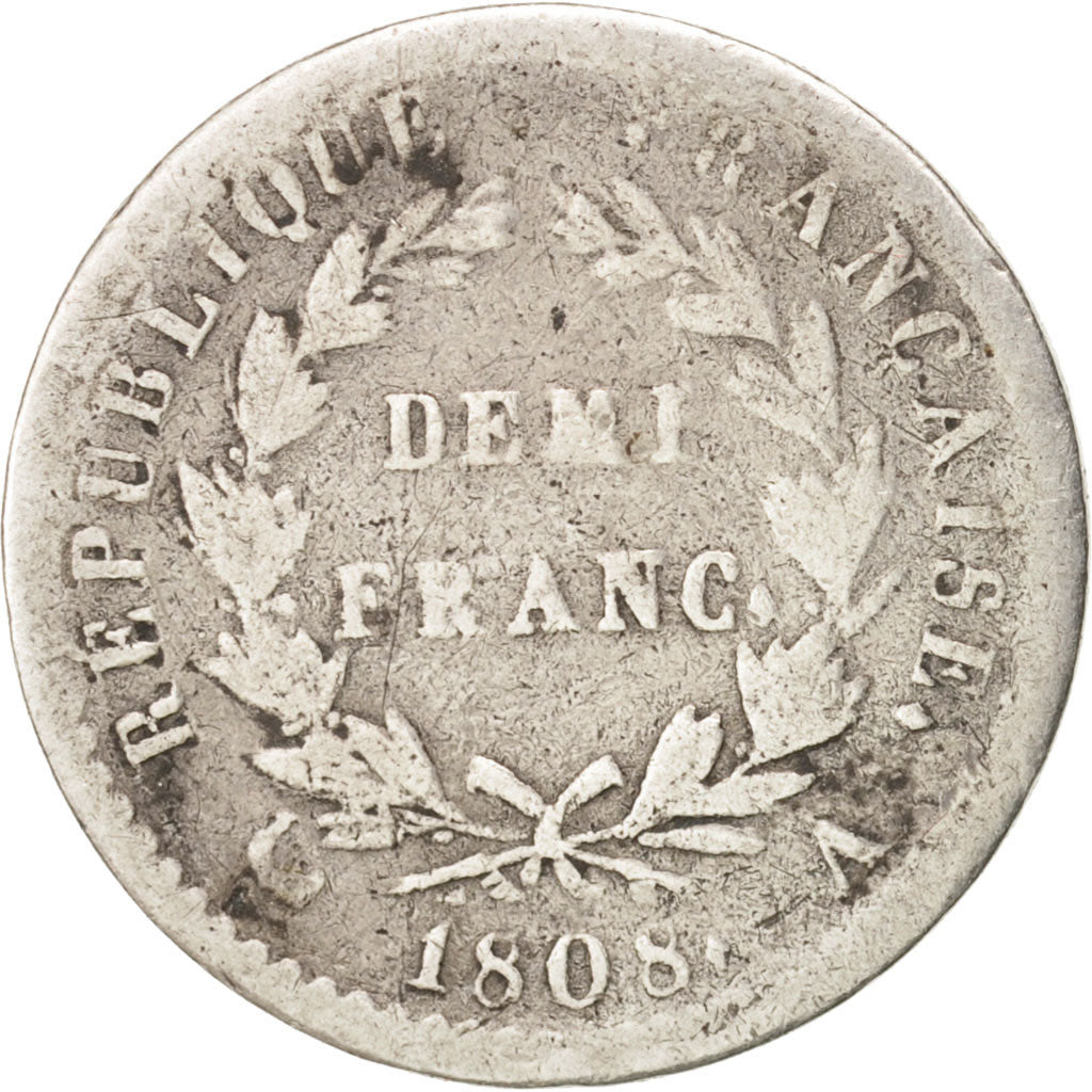 France, Napoléon I, 1/2 Franc, 1808, Paris, VF(20-25), Silver, KM:680.1