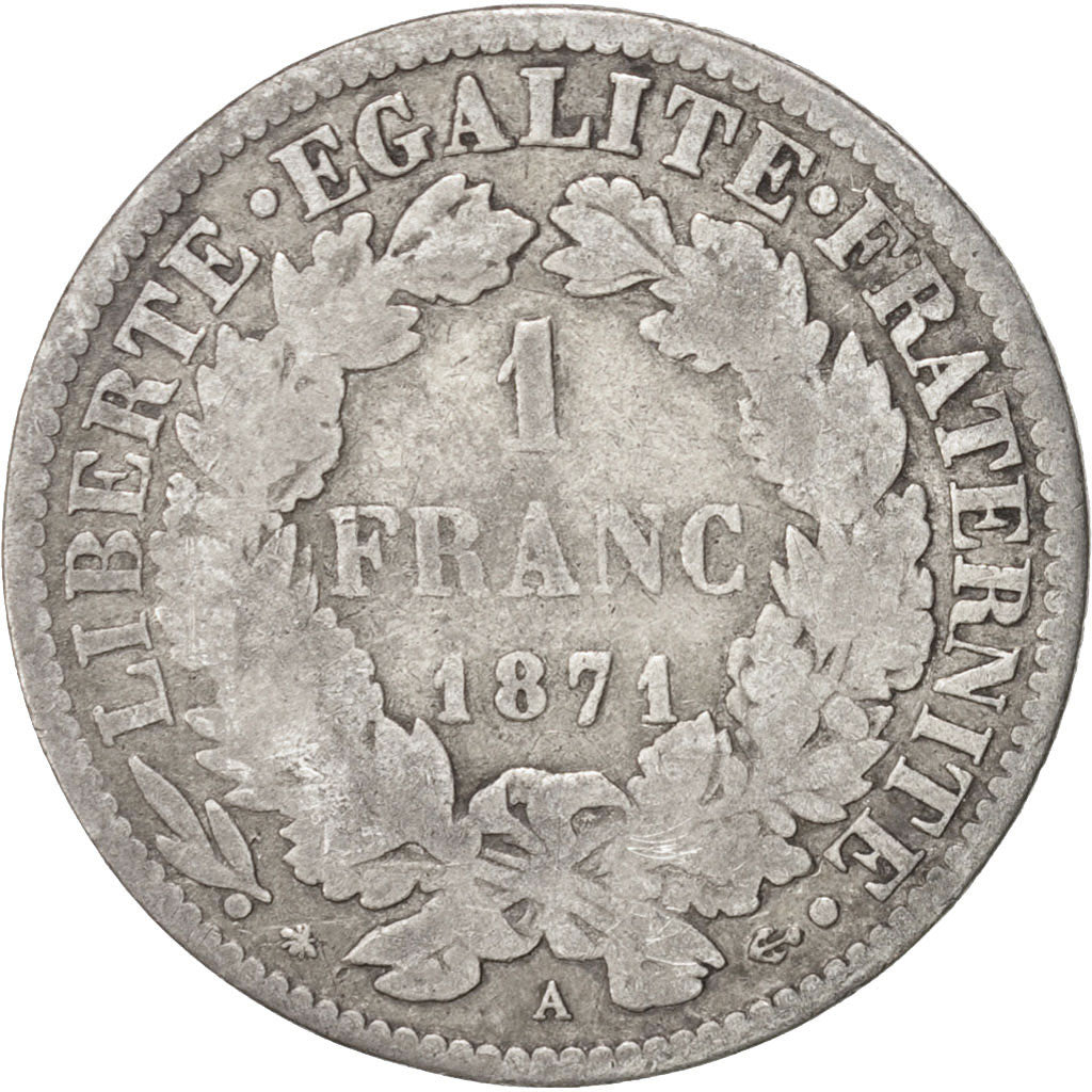 Monnaie, France, Cérès, Franc, 1871, Paris, TB, Argent, KM:822.1, Gadoury:465
