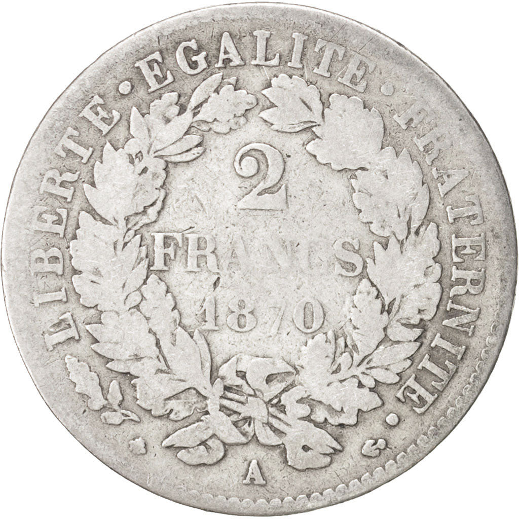 France, Cérès, 2 Francs, 1870, Paris, F(12-15), Silver, KM:817.1, Gadoury:530