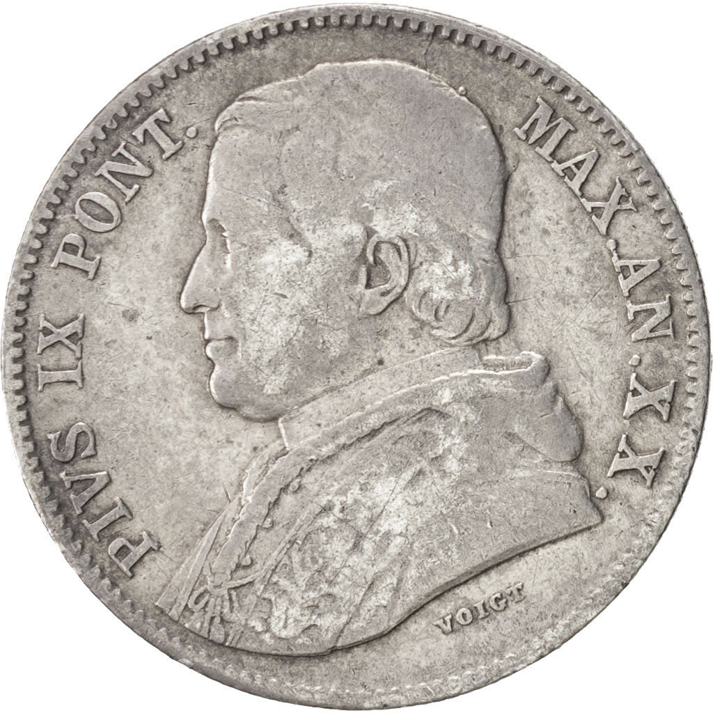 ITALIAN STATES, PAPAL STATES, Pius IX, 20 Baiocchi, 1865-XX, VF(20-25), KM:1360a