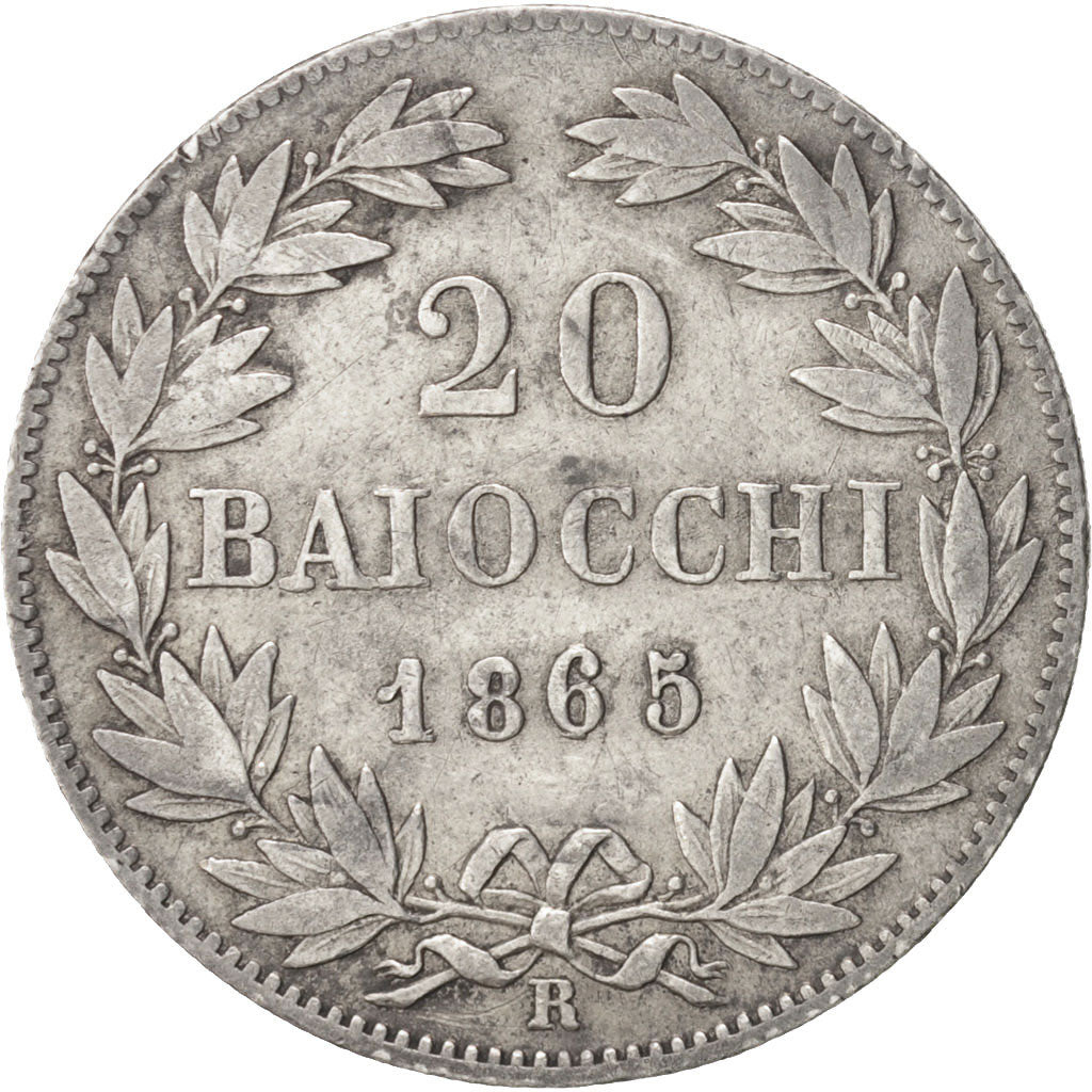 ITALIAN STATES, PAPAL STATES, Pius IX, 20 Baiocchi, 1865-XX, VF(20-25), KM:1360a