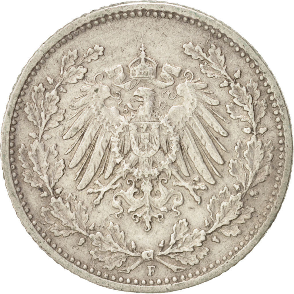 GERMANY - EMPIRE, 1/2 Mark, 1915, Stuttgart, EF(40-45), Silver, KM:17