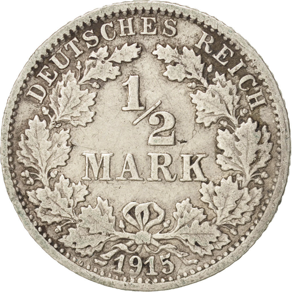 GERMANY - EMPIRE, 1/2 Mark, 1915, Stuttgart, EF(40-45), Silver, KM:17