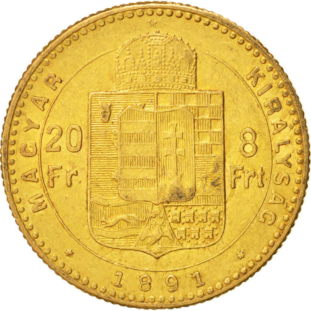 Ungheria, Franz Joseph I, 8 Forint 20 Francs, 1891, Kormoczbanya, BB+, Oro, K...