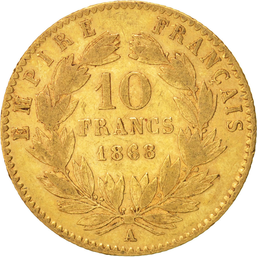 France, Napoleon III, 10 Francs, 1868, Paris, VF(30-35), Gold, KM:800.1