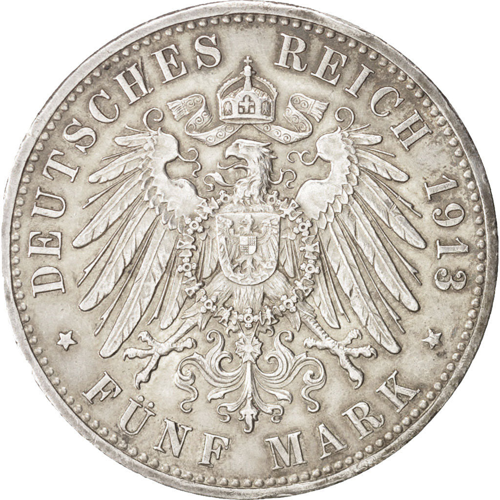Stati tedeschi, PRUSSIA, Wilhelm II, 5 Mark, 1913, Berlin, BB+, Argento, KM:536