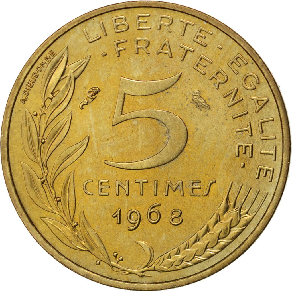FRANCE, Marianne, 5 Centimes, 1968, Paris, KM #933, AU(55-58), Aluminum-Bronze,.