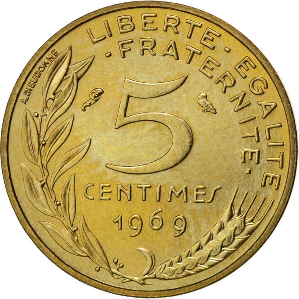 FRANCE, Marianne, 5 Centimes, 1969, Paris, KM #933, AU(55-58), Aluminum-Bronze,.