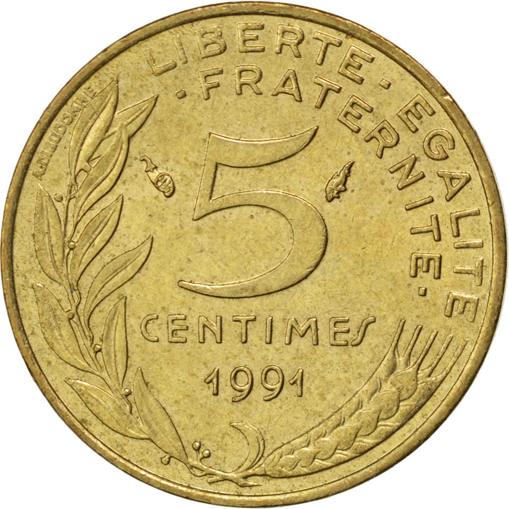FRANCE, Marianne, 5 Centimes, 1991, Paris, KM #933, AU(55-58), Aluminum-Bronze,.