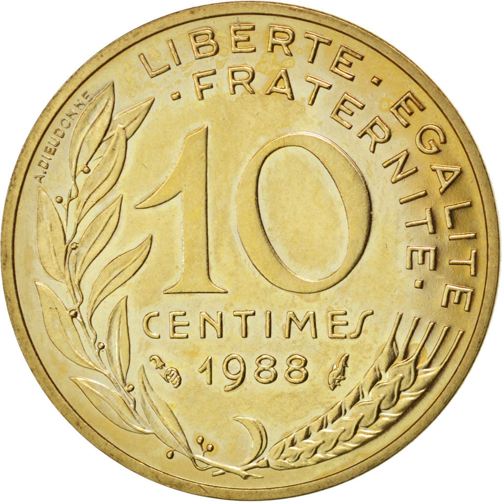 FRANCE, Marianne, 10 Centimes, 1988, Paris, KM #929, MS(63), Aluminum-Bronze,...