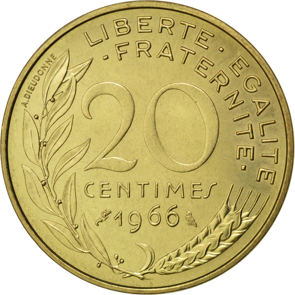 FRANCE, Marianne, 20 Centimes, 1966, Paris, KM #930, MS(63), Aluminum-Bronze,...