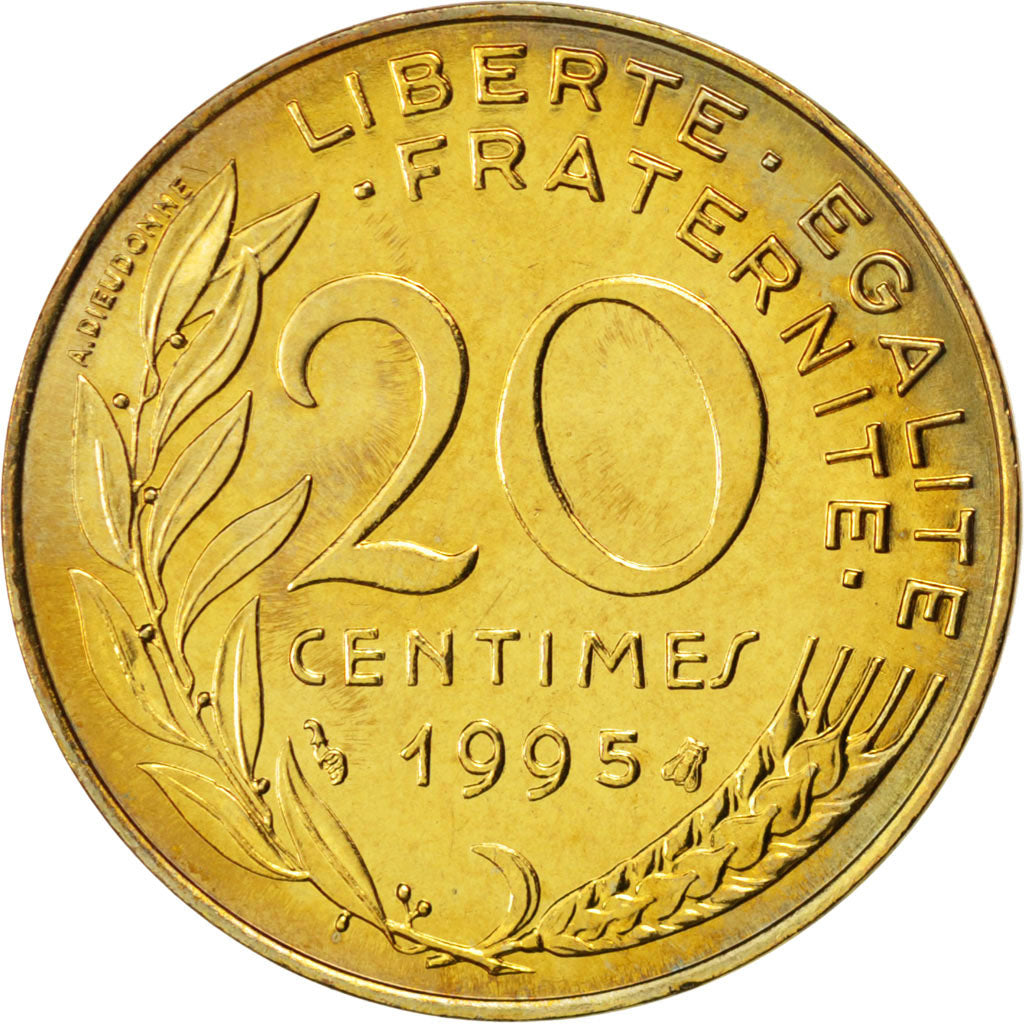FRANCE, Marianne, 20 Centimes, 1995, Paris, KM #930, MS(63), Aluminum-Bronze,...