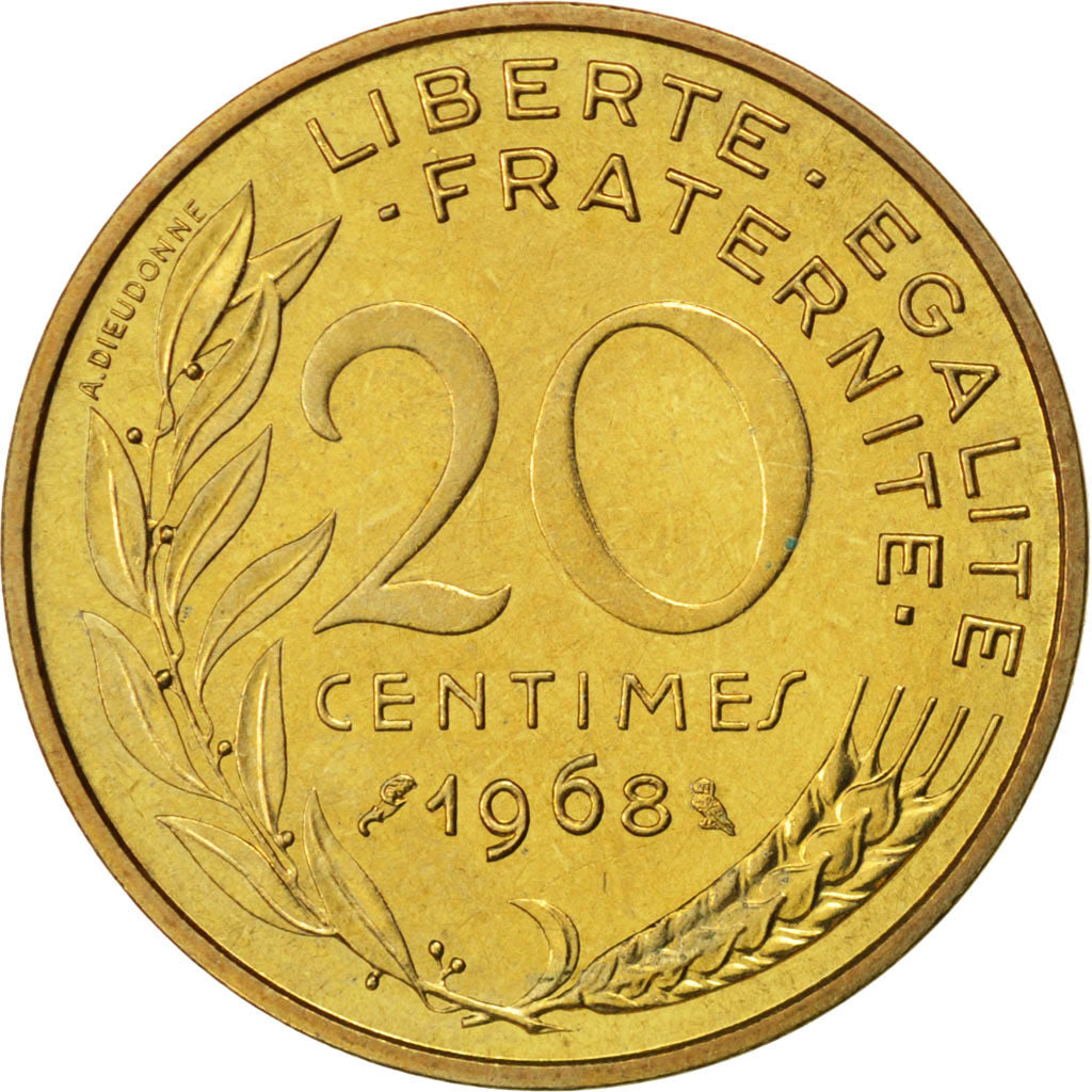 FRANCE, Marianne, 20 Centimes, 1968, KM #930, MS(63), Cupro-nickel Aluminium,...