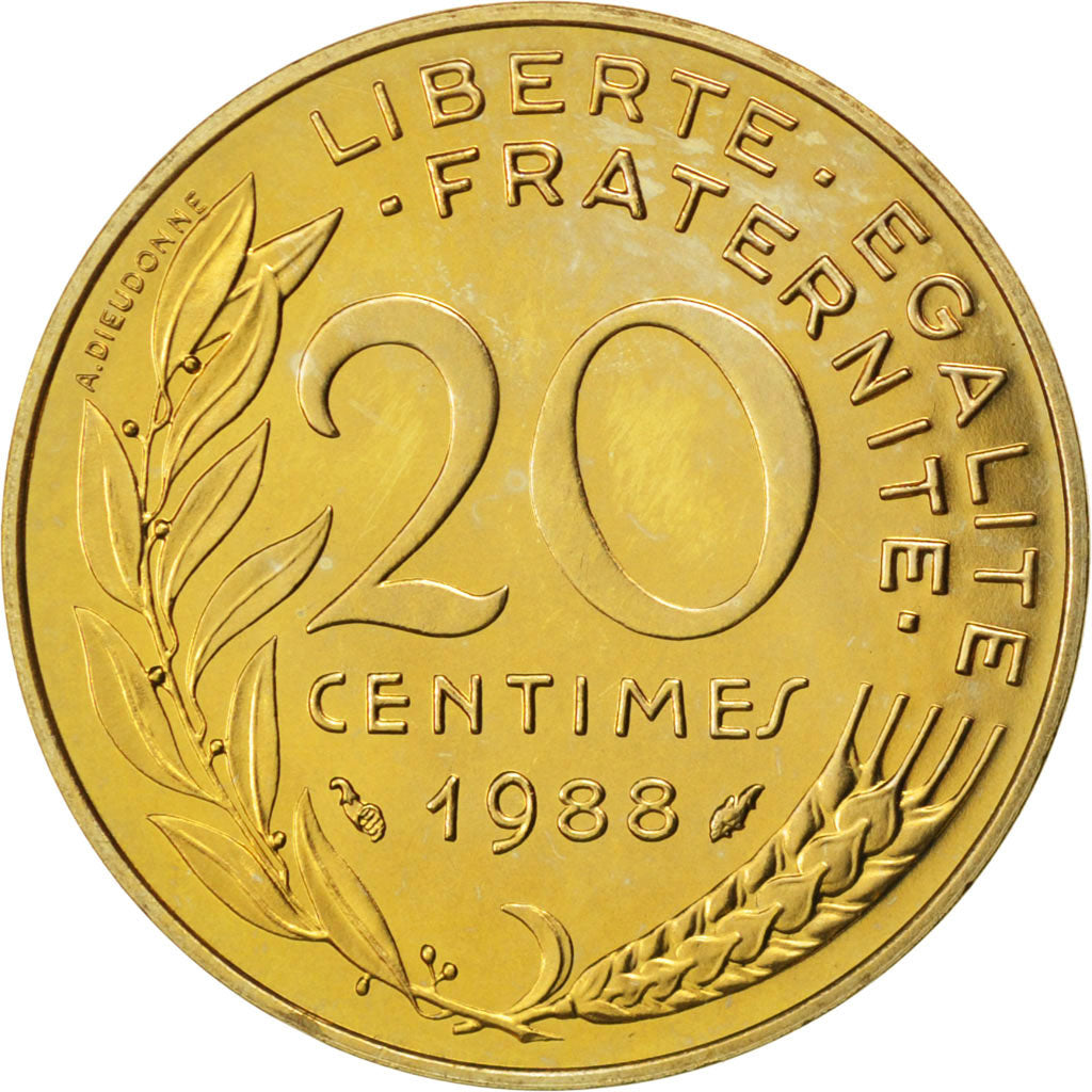FRANCE, Marianne, 20 Centimes, 1988, Paris, KM #930, MS(63), Aluminum-Bronze,...
