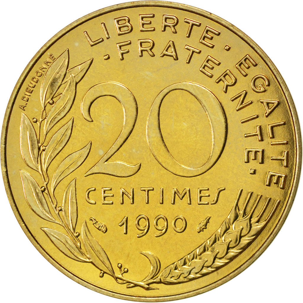 FRANCE, Marianne, 20 Centimes, 1990, Paris, KM #930, MS(63), Aluminum-Bronze,...