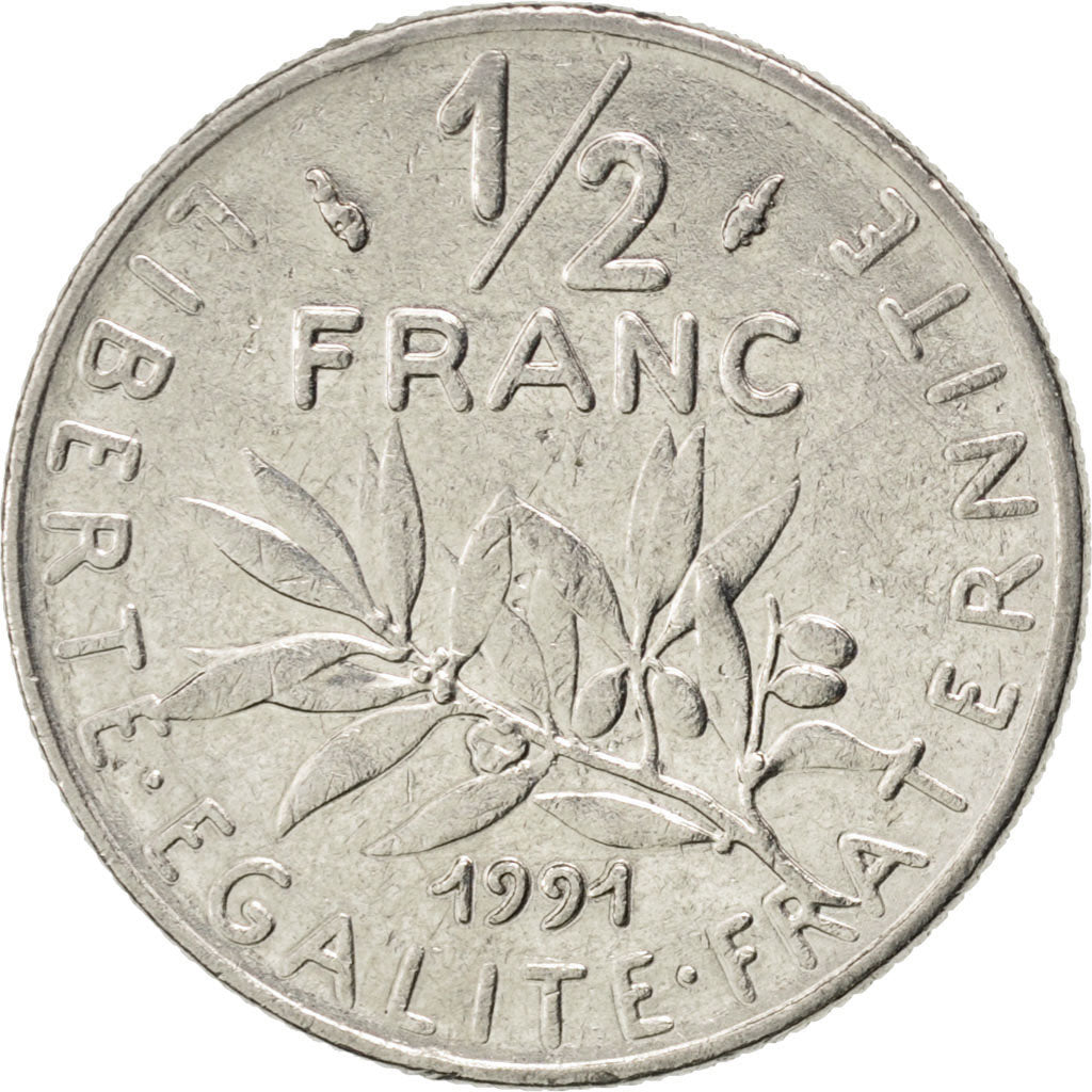 FRANCE, Semeuse, 1/2 Franc, 1991, Paris, KM #931.1, EF(40-45), Nickel, 19.5,...