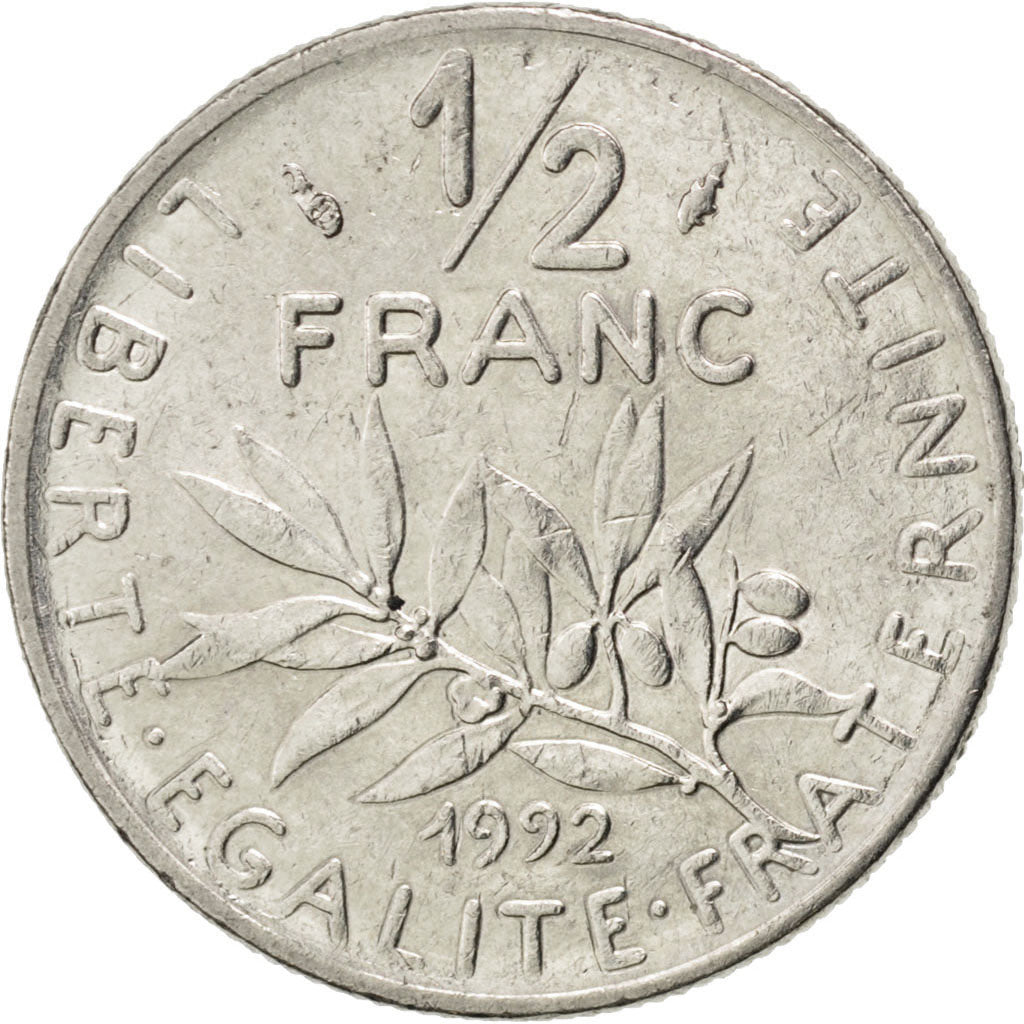 FRANCE, Semeuse, 1/2 Franc, 1992, Paris, KM #931.1, AU(50-53), Nickel, 19.5,...