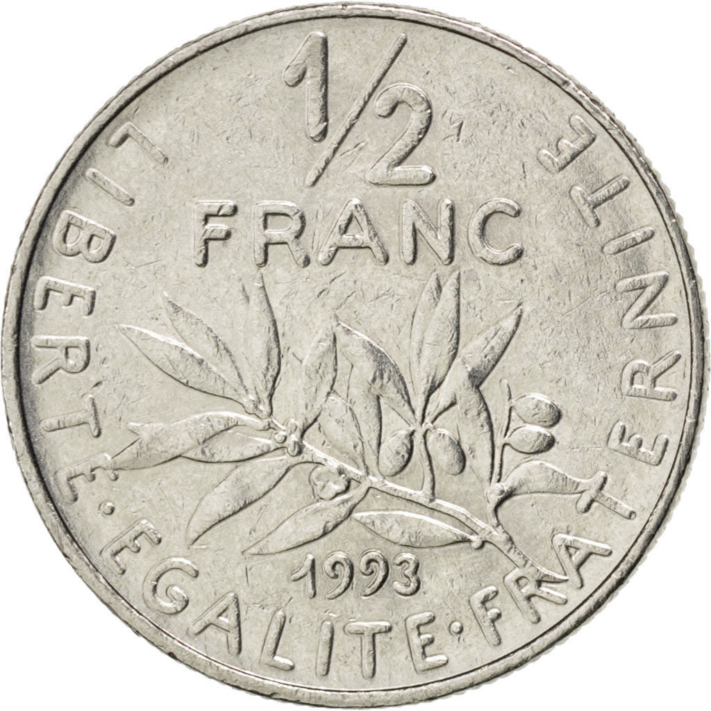 FRANCE, Semeuse, 1/2 Franc, 1993, Paris, KM #931.1, EF(40-45), Nickel, 19.5,...