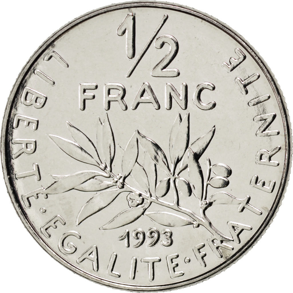 FRANCE, Semeuse, 1/2 Franc, 1993, Paris, KM #931.1, MS(63), Nickel, 19.5,...