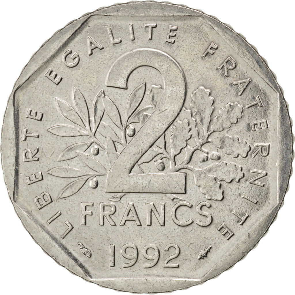 FRANCE, Semeuse, 2 Francs, 1992, KM #942.1, AU(55-58), Nickel, 26.5, Gadoury...