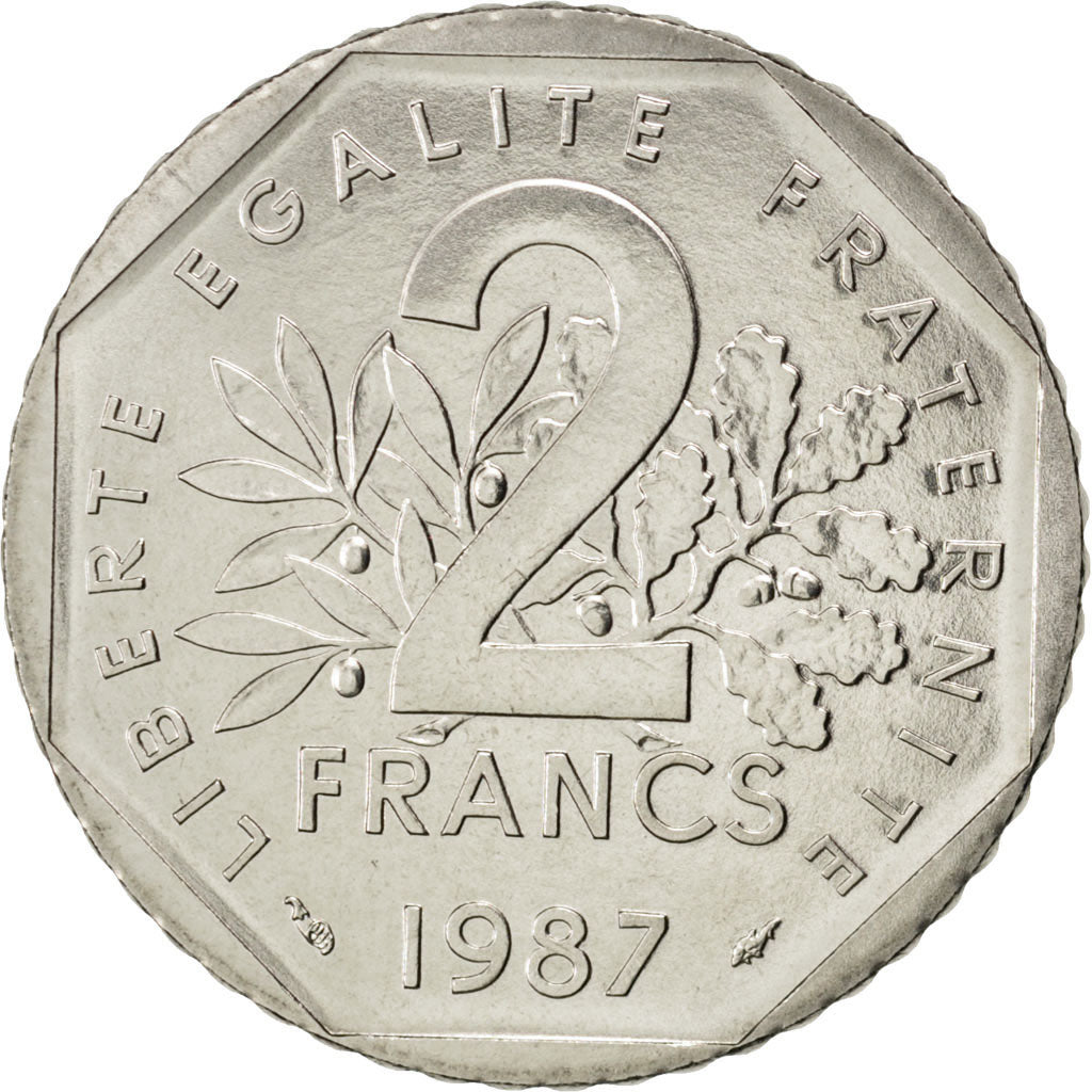 FRANCE, Semeuse, 2 Francs, 1987, KM #942.1, MS(63), Nickel, 26.5, Gadoury #547,.
