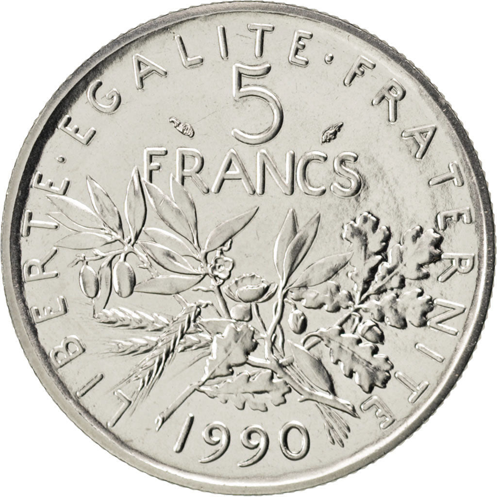 FRANCE, Semeuse, 5 Francs, 1990, Paris, KM #926a.1, MS(63), Nickel Clad...