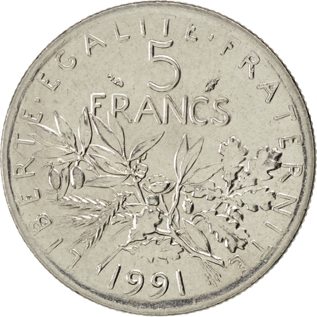 FRANCE, Semeuse, 5 Francs, 1991, Paris, KM #926a.1, MS(63), Nickel Clad...
