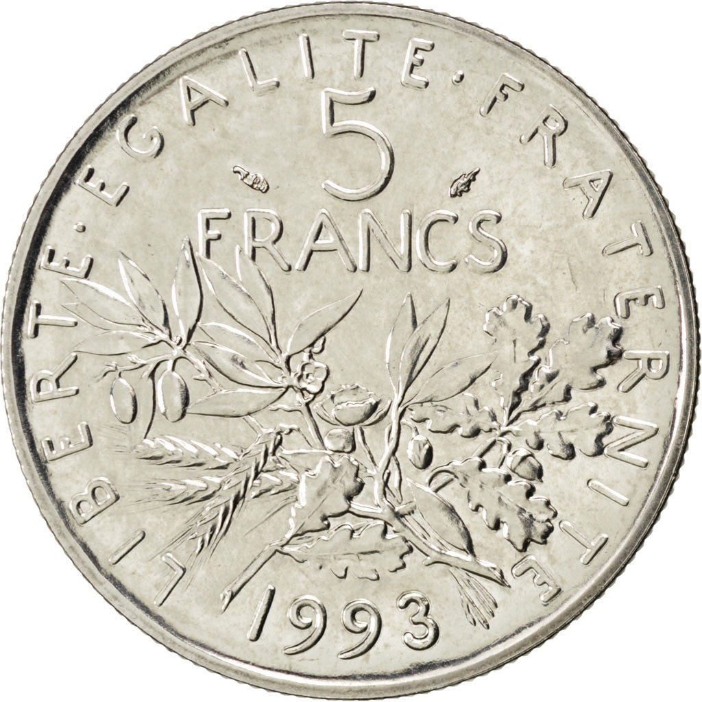 FRANCE, Semeuse, 5 Francs, 1993, Paris, KM #926a.2, MS(63), Nickel Clad...