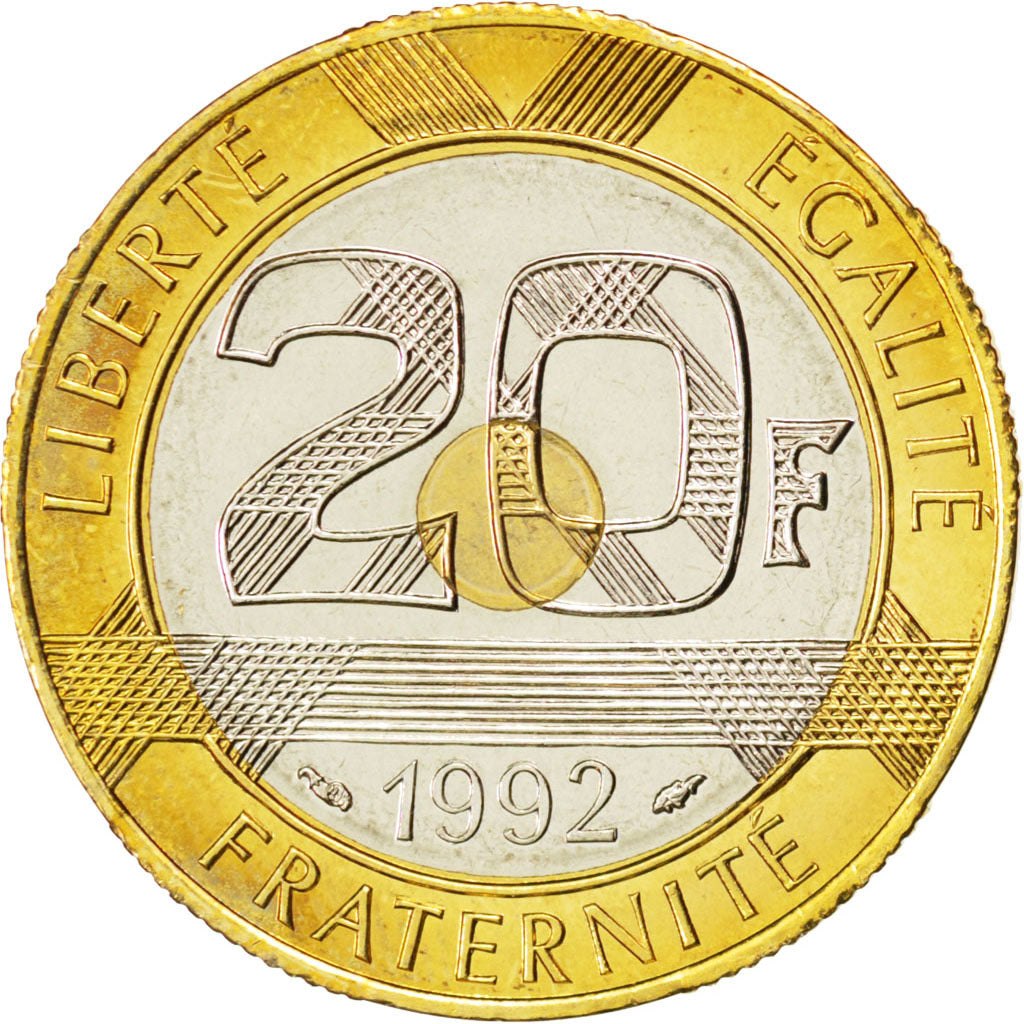 FRANCE, Mont Saint Michel, 20 Francs, 1992, KM #1008.2b, MS(63), Tri-Metallic,..