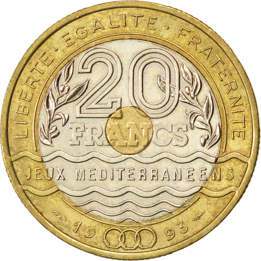 FRANCE, Jeux Méditerranéens, 20 Francs, 1993, KM #1016, AU(50-53), Tri-Metallic,