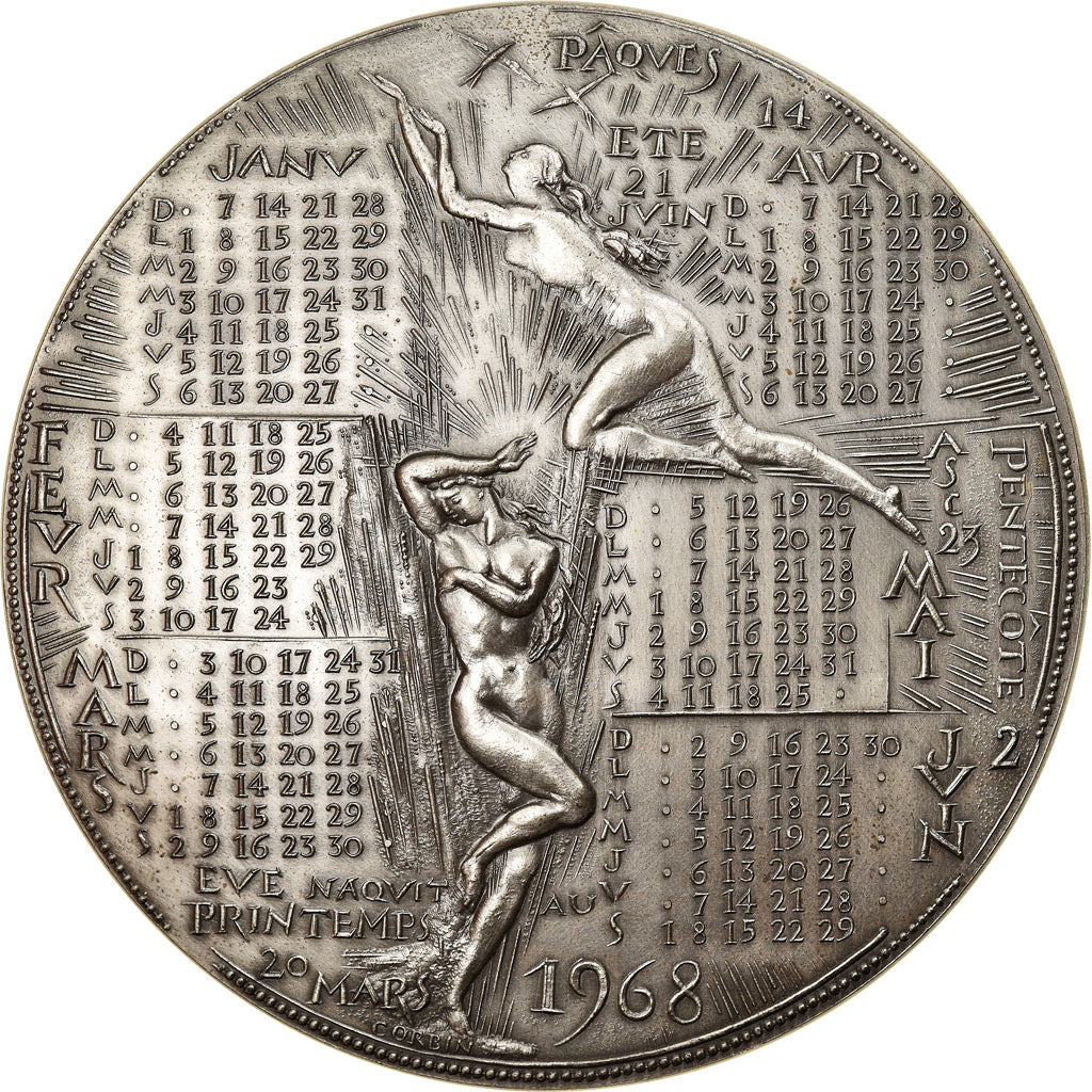 France, Medal, Calendrier, Adam et Eve, 1968, Corbin, MS(63), Silver