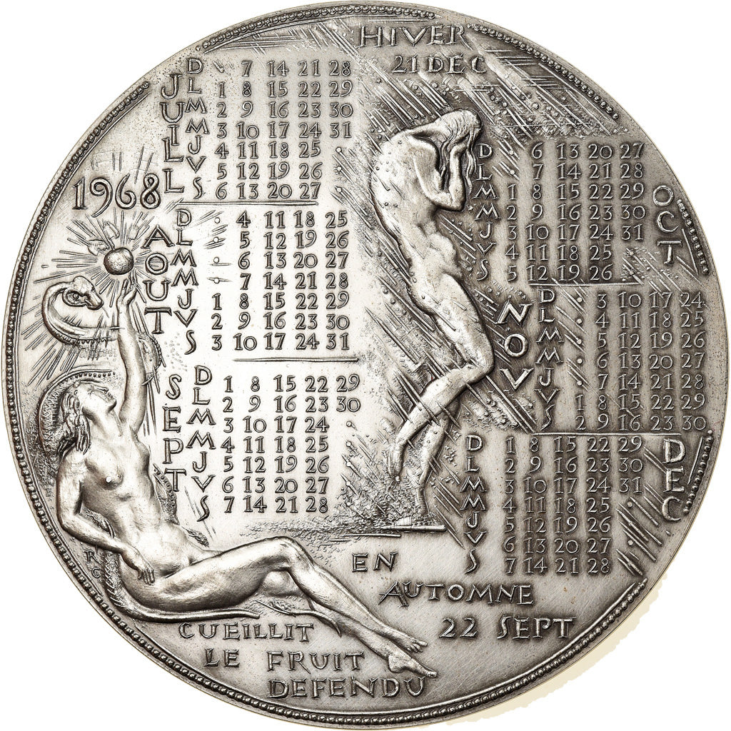 France, Medal, Calendrier, Adam et Eve, 1968, Corbin, MS(63), Silver