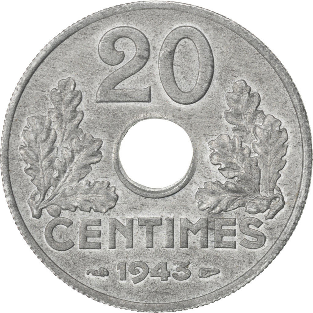 FRANCE, État français, 20 Centimes, 1943, Paris, KM #900.2, AU(50-53), Zinc, Ga.