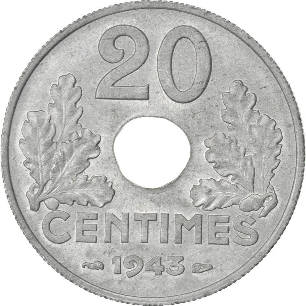 FRANCE, État français, 20 Centimes, 1943, Paris, KM #900.2, AU(55-58), Zinc, Ga.
