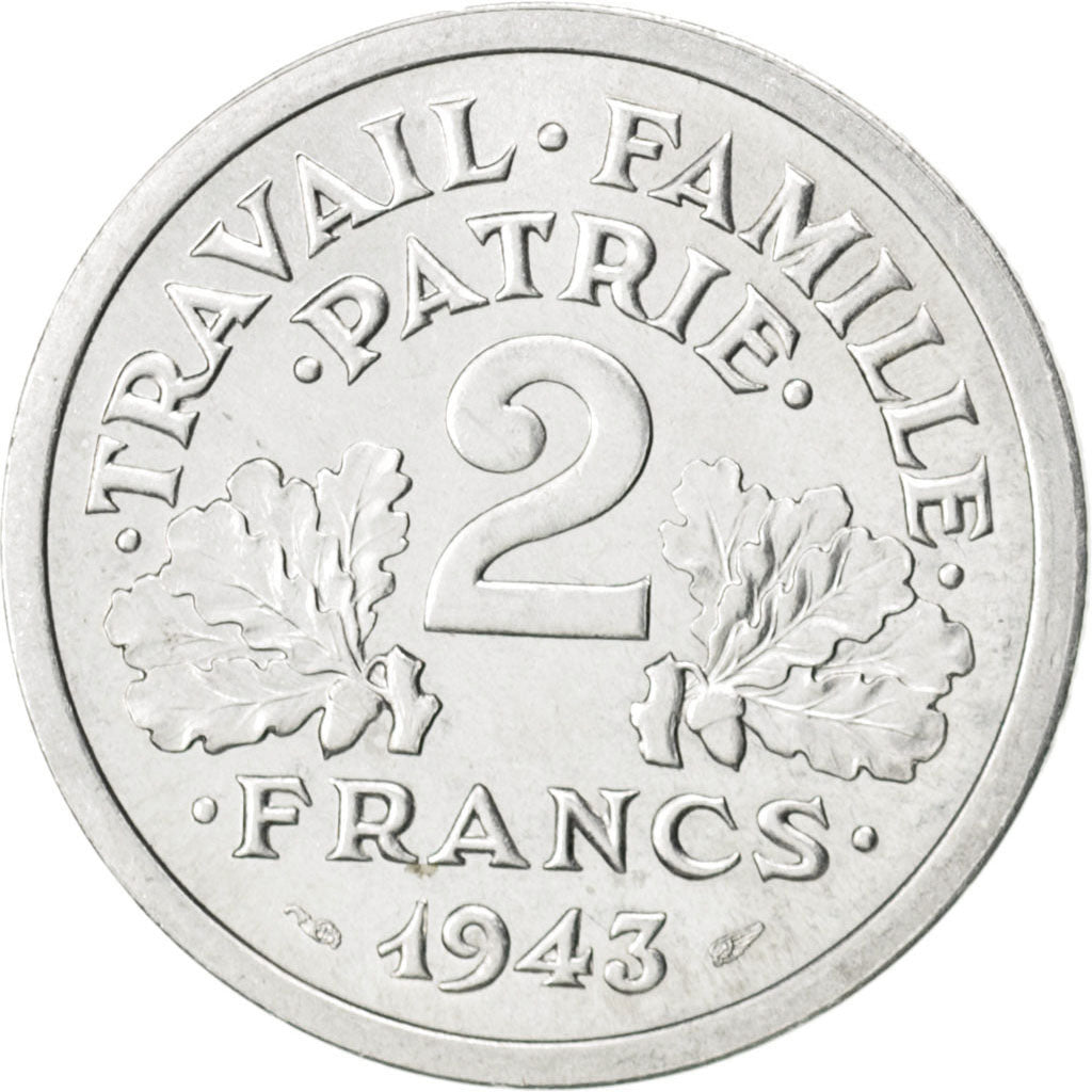 FRANCE, Bazor, 2 Francs, 1943, Paris, KM #904.1, MS(63), Aluminum, 27, Gadoury..
