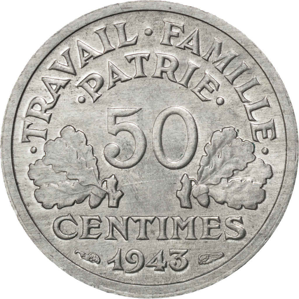FRANCE, Bazor, 50 Centimes, 1943, Paris, KM #914.4, AU(55-58), Aluminum, 18,...