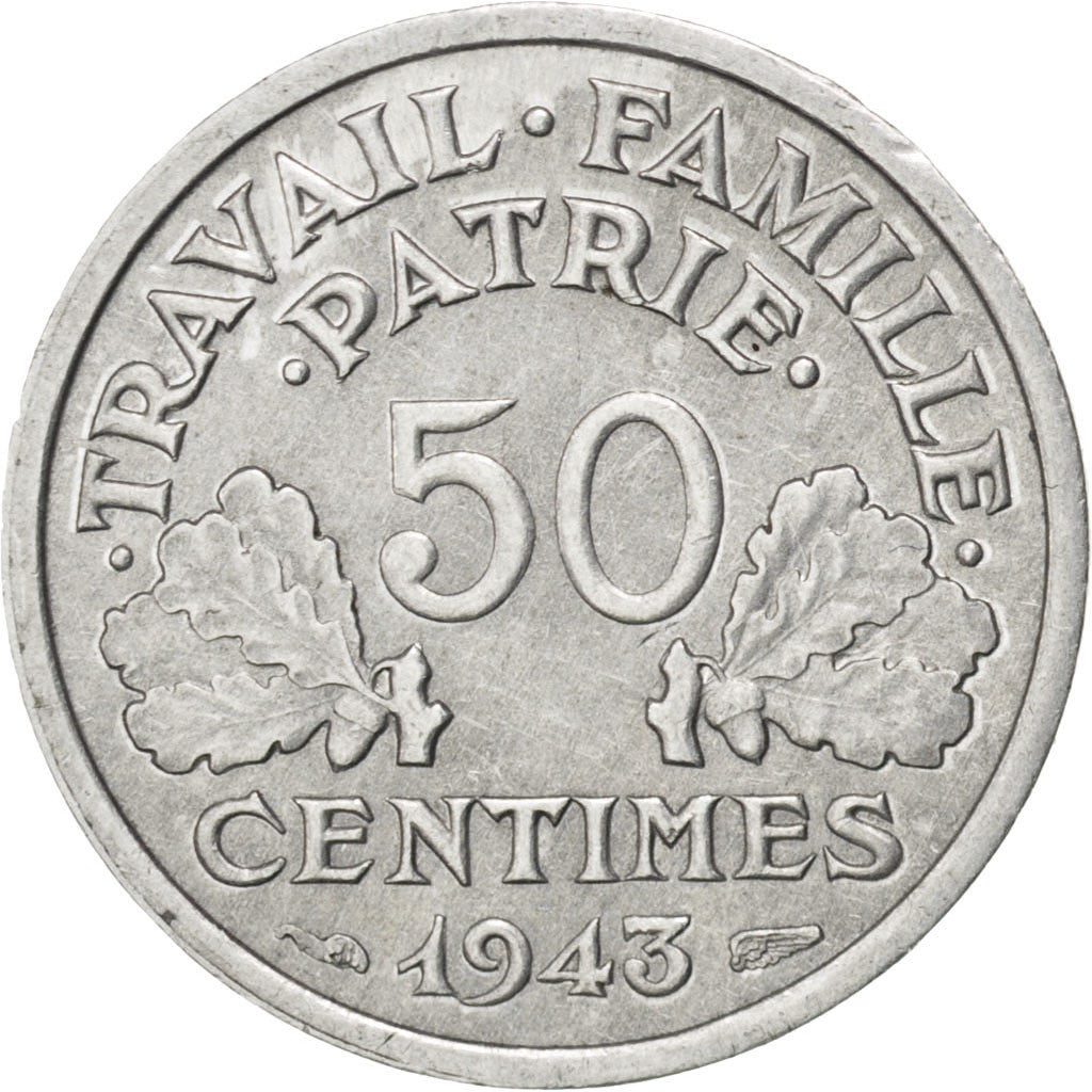 Coin, France, Bazor, 50 Centimes, 1943, Beaumont le Roger, AU(50-53), Aluminum