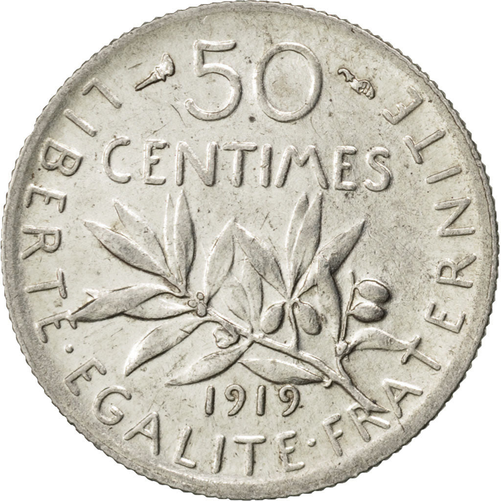 FRANCE, Semeuse, 50 Centimes, 1919, Paris, KM #854, AU(55-58), Silver, 18.1,...