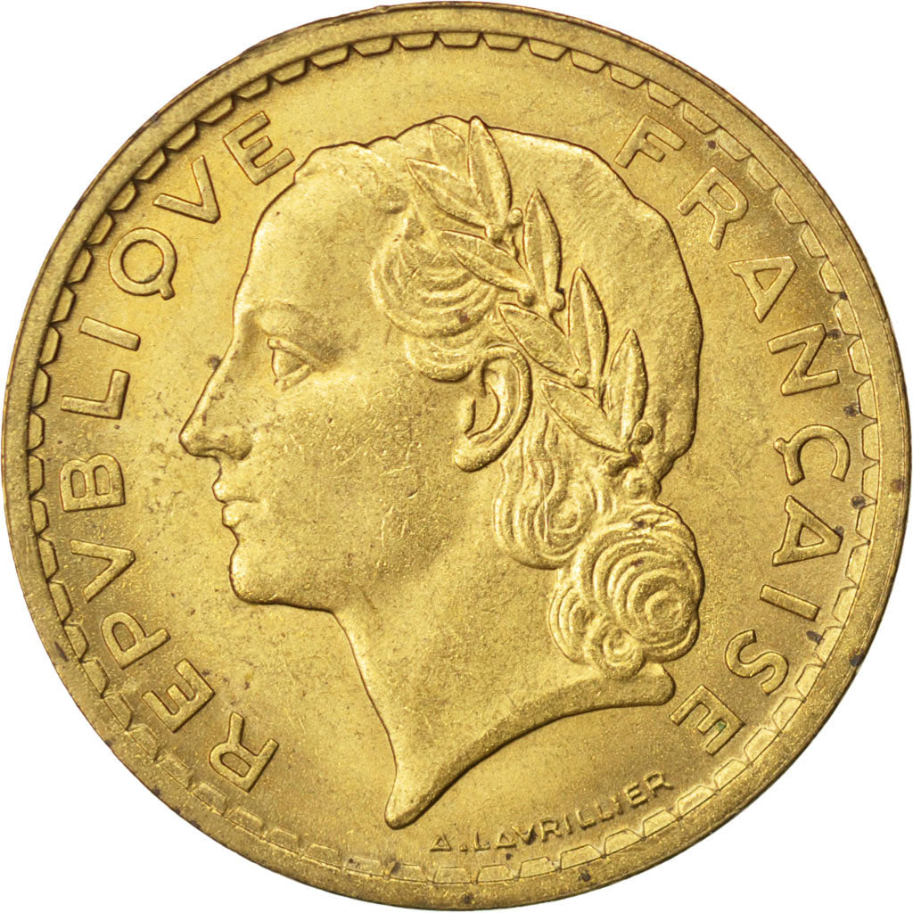 FRANCE, Lavrillier, 5 Francs, 1938, KM #888a.1, AU(55-58), Aluminum-Bronze, 31,.