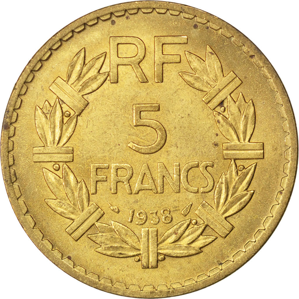 FRANCE, Lavrillier, 5 Francs, 1938, KM #888a.1, AU(55-58), Aluminum-Bronze, 31,.