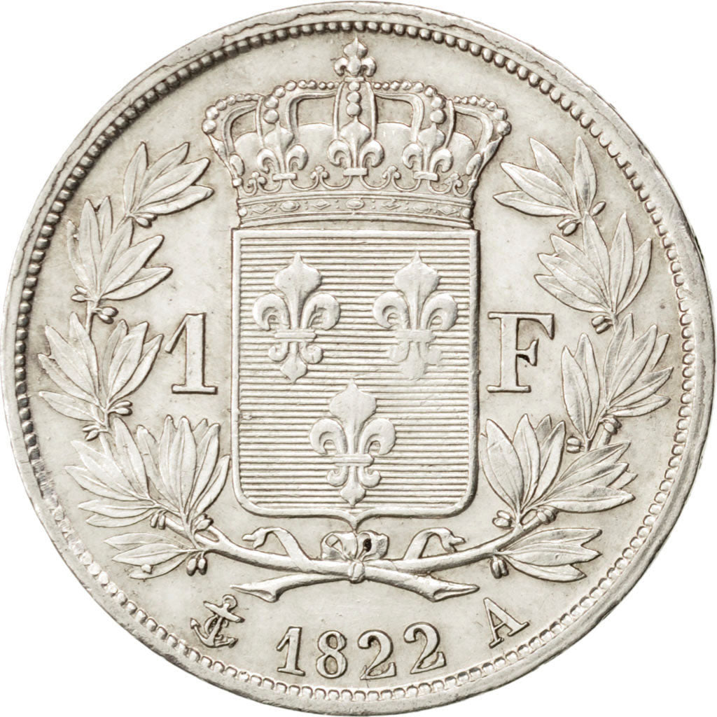 FRANCE, Louis XVIII, Franc, 1822, Paris, KM #709.1, AU(55-58), Silver, Gadoury..