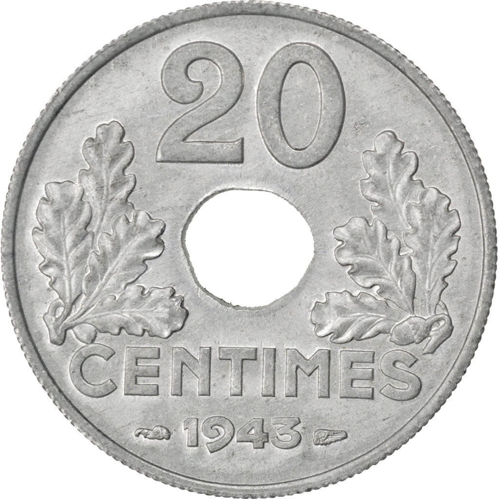 FRANCE, État français, 20 Centimes, 1943, Paris, KM #900.2, AU(55-58), Zinc, Ga.