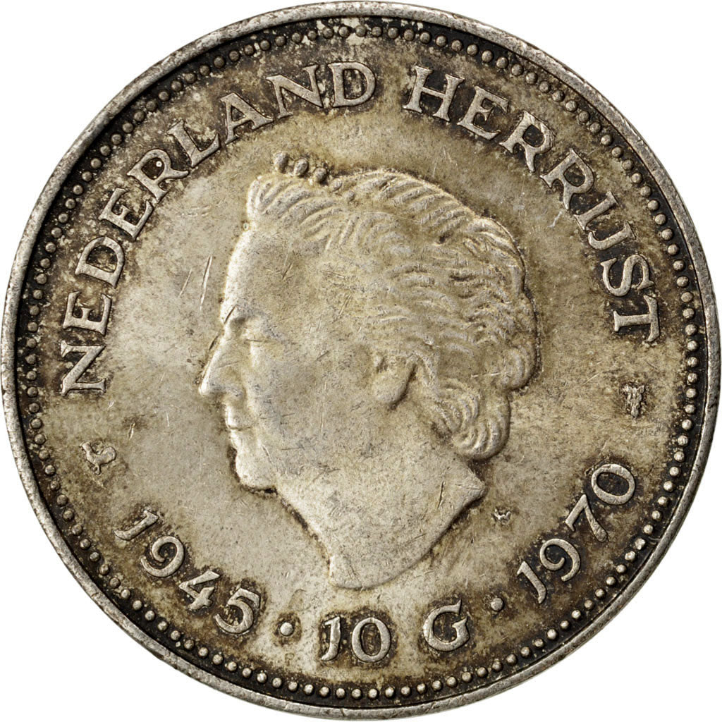 NETHERLANDS, 10 Gulden, 1970, KM #195, AU(55-58), Silver, 38, 25.10